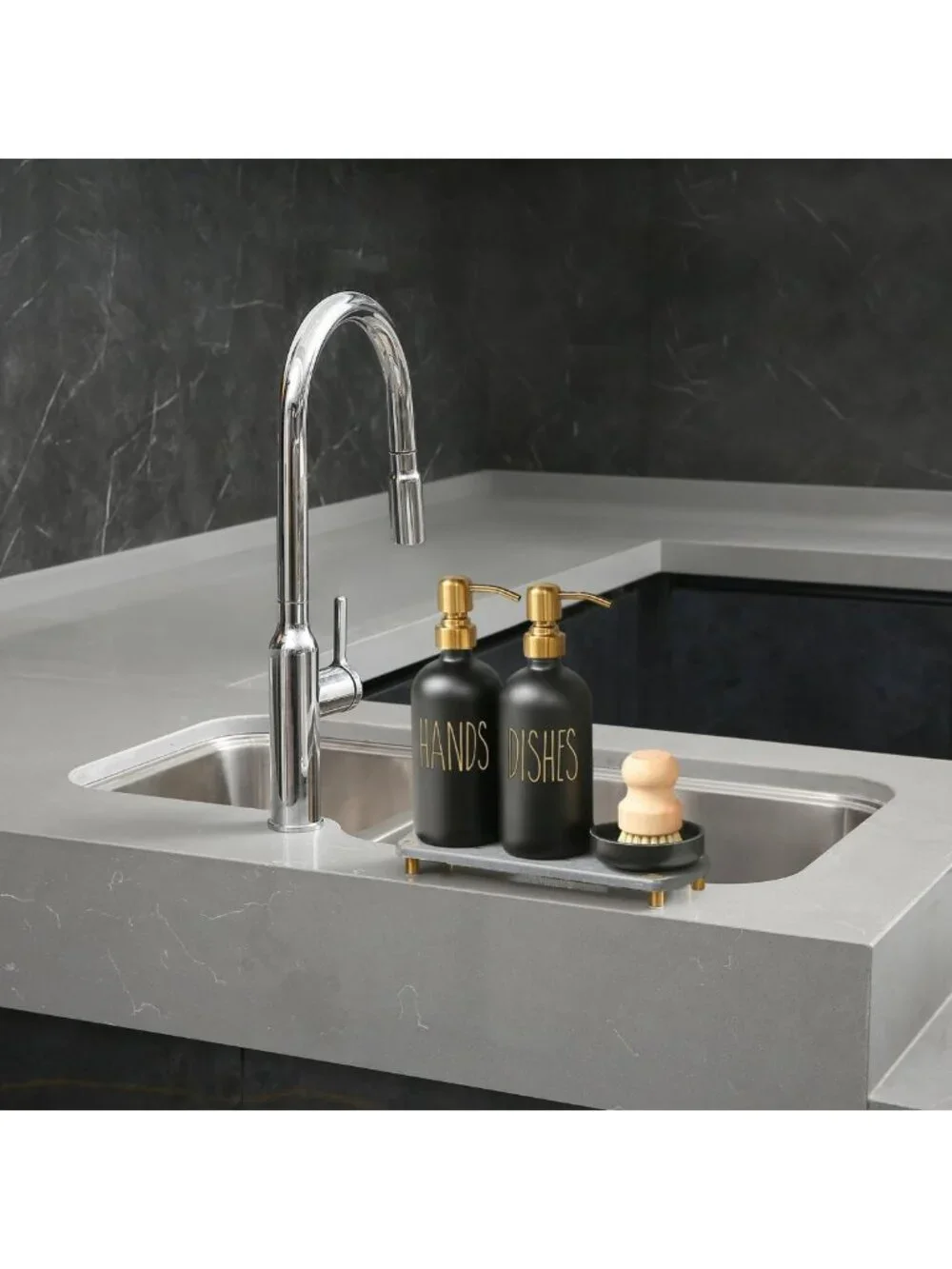 Stylish Soap Dispenser Set with Stainless Pumps, Dry Tray & Dish Scrub Brush